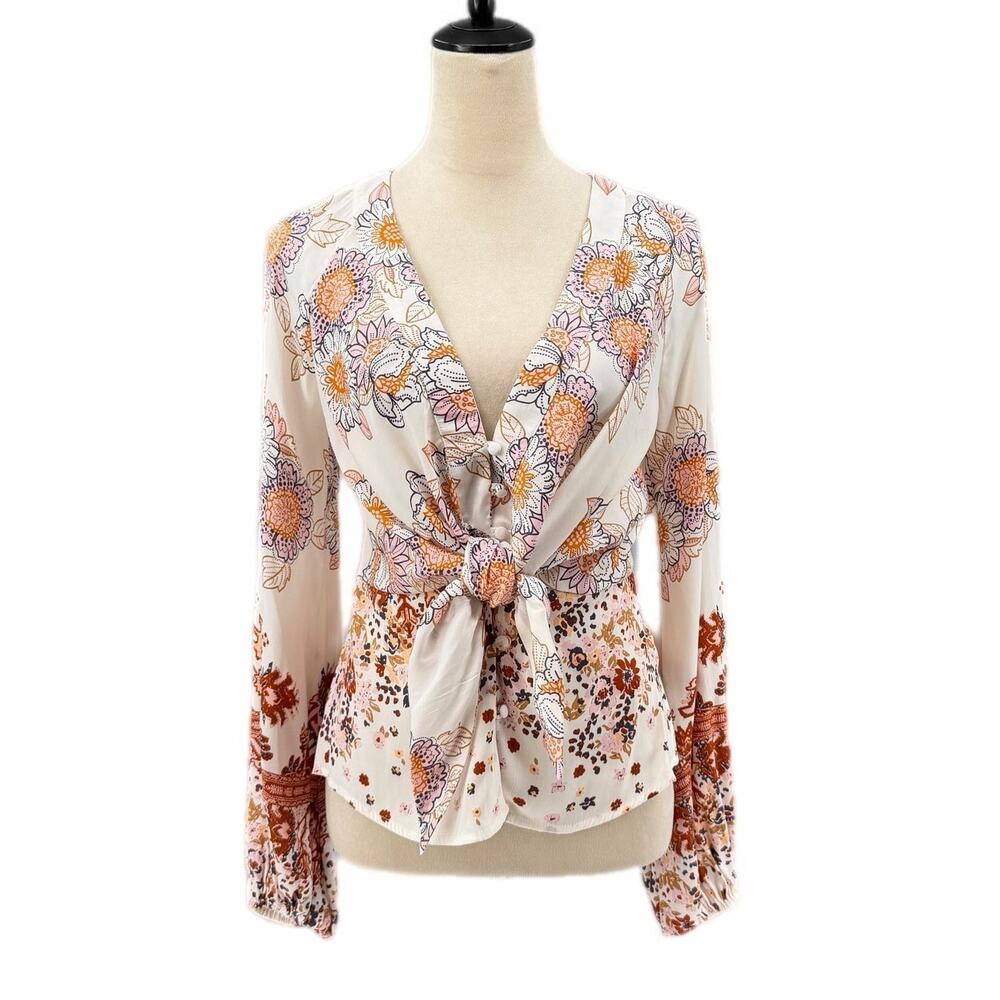 Free People Run Free V-neck Button Front Tie Long Sleeve Smocked Waist Blouse